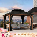 PURPLE LEAF Metal Gazebo Double Roof Wood Grain Aluminum Frame with Curtains and Netting