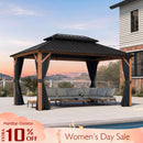 PURPLE LEAF wood grain aluminum frame gazebo with double roof, black curtains, outdoor furniture.