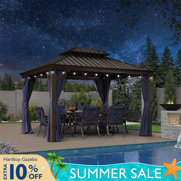 Bronze Aluminum Frame Hardtop Gazebo | Navy Curtains