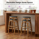PURPLE LEAF Patio French Round Counter Stool Set of 2 Rattan Backless Stackable Barstools Aluminum Frame Footrest with Woven Wicker for Outdoor Kitchen Yard