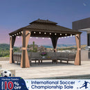 PURPLE LEAF Outdoor Hardtop Gazebo for Garden Bronze Double Roof Aluminum Frame Pavilion with String Lights-milky