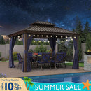 PURPLE LEAF Outdoor Hardtop Gazebo for Patio Bronze Aluminum Frame Pavilion with Navy-Blue Curtain and String Lights-clear