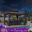PURPLE LEAF Outdoor Hardtop Gazebo for Patio Bronze Aluminum Frame Pavilion with Navy-Blue Curtain and String Lights-clear