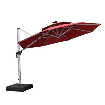 【Outdoor Idea】PURPLE LEAF Double Top Outdoor Patio Umbrella with Light, LED Cantilever Umbrella with Base