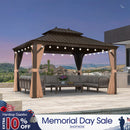 PURPLE LEAF Outdoor Hardtop Gazebo for Garden Bronze Double Roof Aluminum Frame Pavilion with String Lights-milky