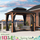 PURPLE LEAF Metal Gazebo Double Roof Wood Grain Aluminum Frame with Curtains and Netting