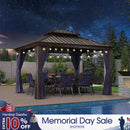 PURPLE LEAF Outdoor Hardtop Gazebo for Patio Bronze Aluminum Frame Pavilion with Navy-Blue Curtain and String Lights-clear