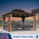 PURPLE LEAF Outdoor Hardtop Gazebo for Garden Bronze Double Roof Aluminum Frame Pavilion with String Lights-clear