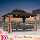 PURPLE LEAF Outdoor Hardtop Gazebo for Garden Bronze Double Roof Aluminum Frame Pavilion with String Lights-clear