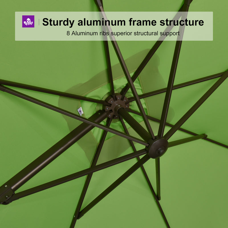 Cantilever patio umbrella sturdy aluminum frame, 8 ribs for support, green canopy. Durable outdoor patio shade solution.
