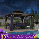 PURPLE LEAF Outdoor Hardtop Gazebo for Patio Bronze Aluminum Frame Pavilion with Navy-Blue Curtain and String Lights-milky