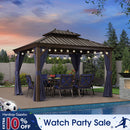 PURPLE LEAF Outdoor Hardtop Gazebo for Patio Bronze Aluminum Frame Pavilion with Navy-Blue Curtain and String Lights-clear
