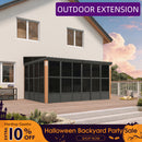 PURPLE LEAF Wall Mounted Sunroom Galvanized Steel Sloped Roof Lean-to Enclosed Aluminum Grey Frame Wood Grain Columns for Outdoor Home Extension