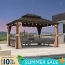 PURPLE LEAF Outdoor Hardtop Gazebo for Garden Bronze Double Roof Aluminum Frame Pavilion with String Lights-milky