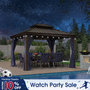 PURPLE LEAF Outdoor Hardtop Gazebo for Patio Bronze Aluminum Frame Pavilion with Navy-Blue Curtain and String Lights-milky