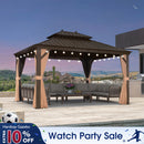 PURPLE LEAF Outdoor Hardtop Gazebo for Garden Bronze Double Roof Aluminum Frame Pavilion with String Lights-milky