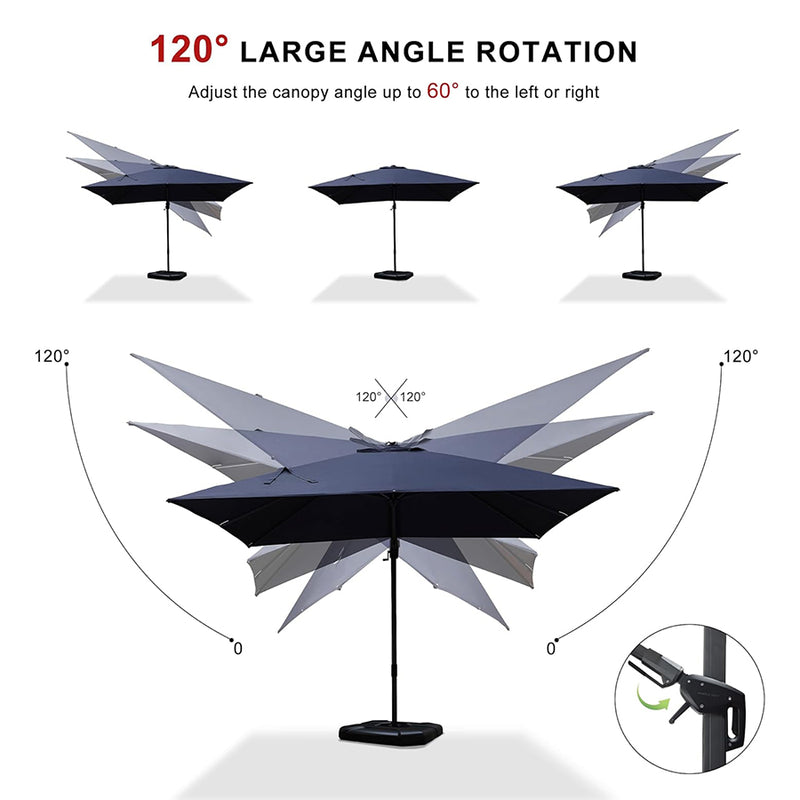 PURPLE LEAF Economical Patio Umbrella Swivel Rectangle Outdoor Umbrellas The easy-tilt system allows you to adjust the canopy angle up to 60° to the left or right, keep the shade as the sun moves throughout the day, and adjust the angle you want whenever you want.The crank system of Purple Leaf cantilever umbrella makes it easy to raise and lower the canopy, 5 height and angle to choose, foot pedal allows for complete 360 degree.