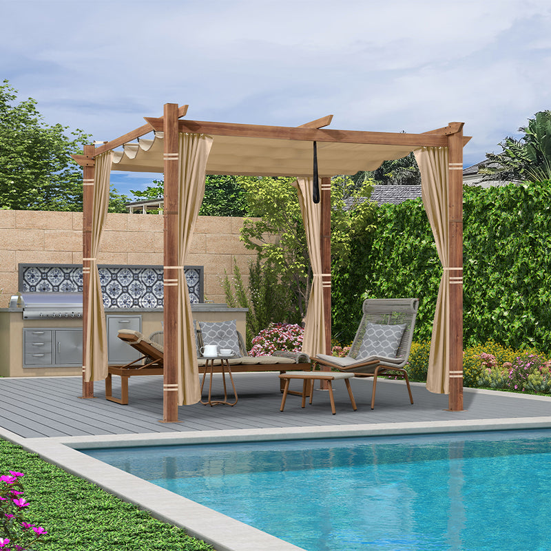 PURPLE LEAF Outdoor Retractable Pergola with Sun Shade Canopy In Natural Wood Grain Frame With Curtains