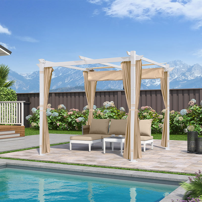 PURPLE LEAF Outdoor Retractable Pergola with Double Sun Shade Canopy White Heavy-Duty Aluminum Pergola Patio Modern Pergola With Curtains