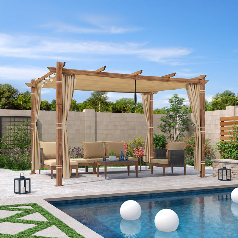 PURPLE LEAF Outdoor Retractable Pergola with Sun Shade Canopy In Natural Wood Grain Frame With Curtains