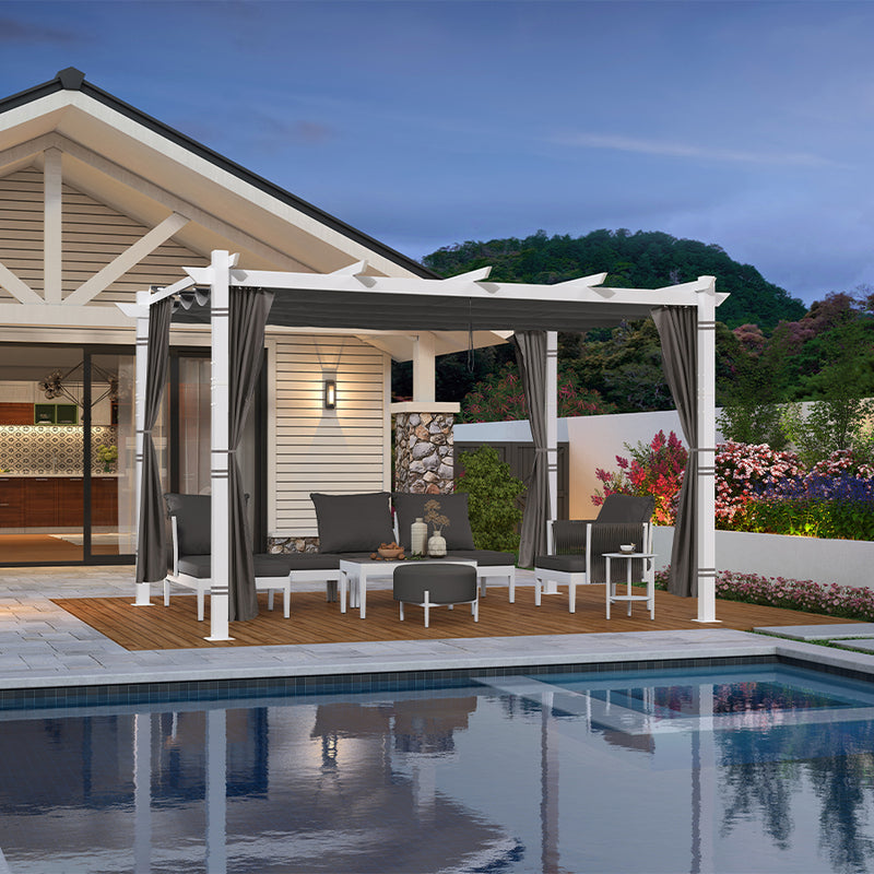 PURPLE LEAF Outdoor Retractable Pergola with Double Sun Shade Canopy White Heavy-Duty Aluminum Pergola Patio Modern Pergola With Curtains