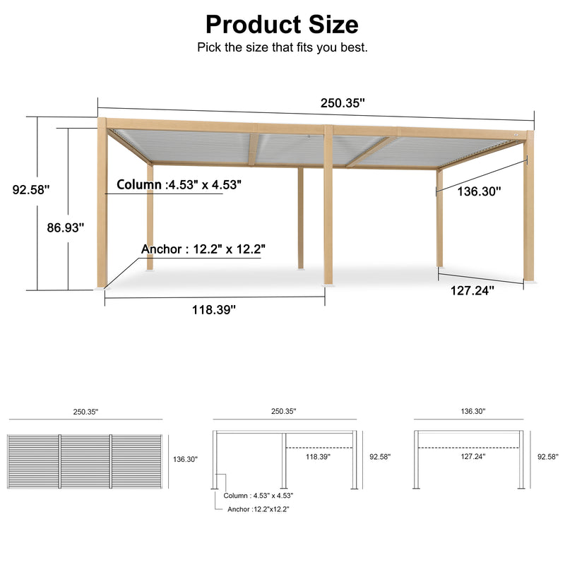 PURPLE LEAF Louvered Pergola Outdoor Wood Grain Aluminum Pergola with Adjustable Roof Retractable Patio Rainproof Hardtop Gazebo for Deck Backyard Garden