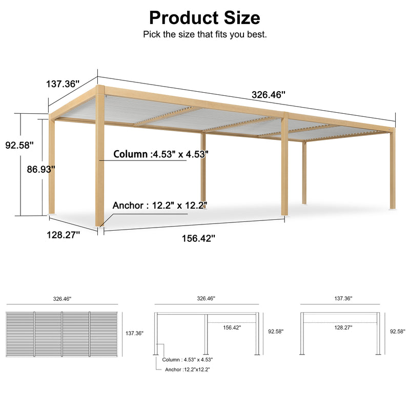 PURPLE LEAF Louvered Pergola Outdoor Wood Grain Aluminum Pergola with Adjustable Roof Retractable Patio Rainproof Hardtop Gazebo for Deck Backyard Garden