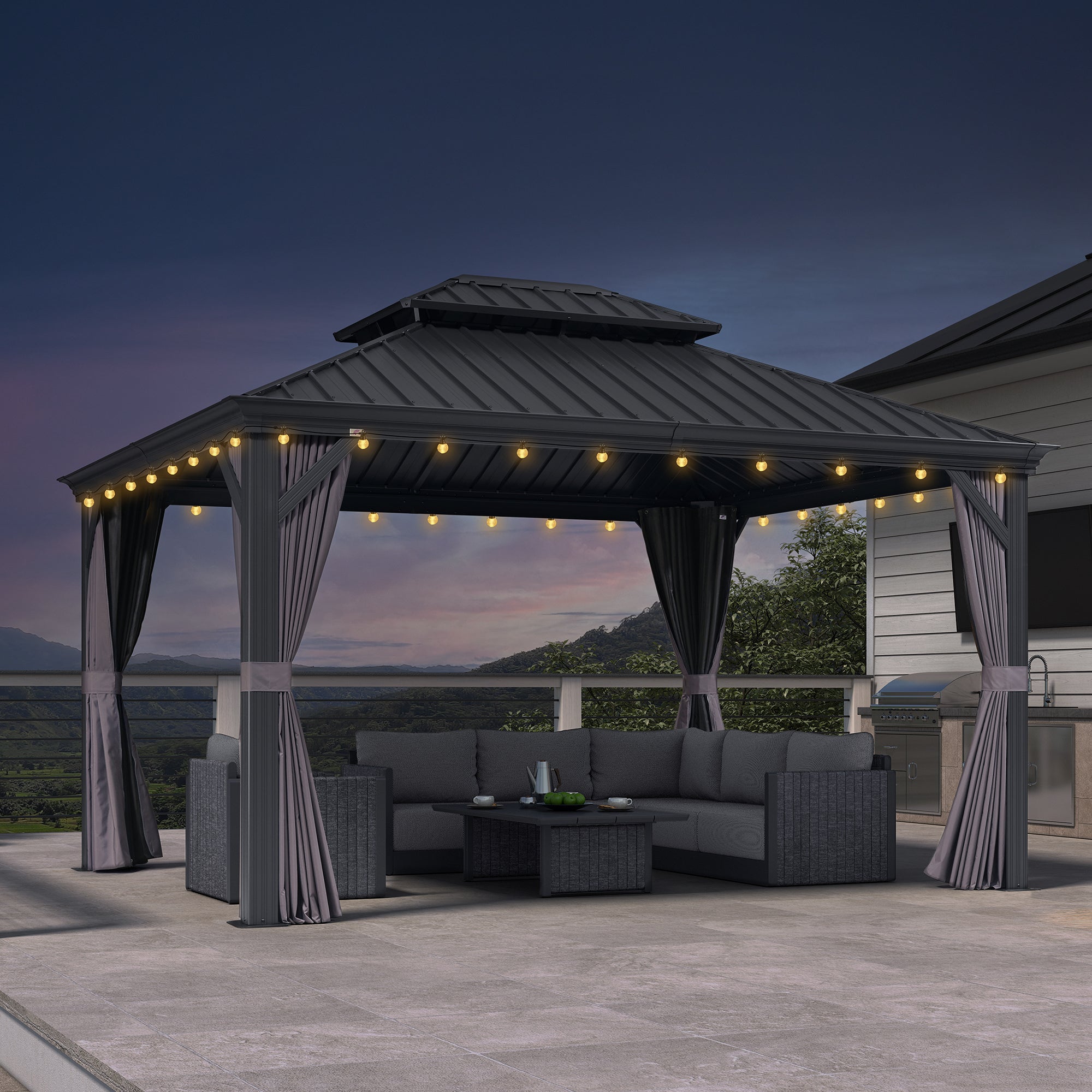 Outdoor Hardtop Gazebo String Lights | Galvanized Steel roof