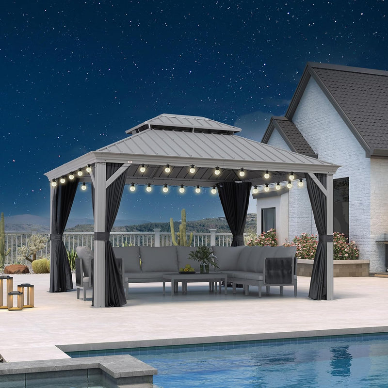 PURPLE LEAF Patio Gazebo for Pool Light Grey Hardtop Galvanized Steel Roof with String Lights-clear