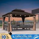 PURPLE LEAF Outdoor Hardtop Gazebo for Garden Bronze Double Roof Aluminum Frame Pavilion with String Lights-clear