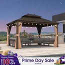 PURPLE LEAF Outdoor Hardtop Gazebo for Garden Bronze Double Roof Aluminum Frame Pavilion with String Lights-milky