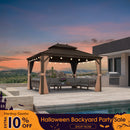 PURPLE LEAF Outdoor Hardtop Gazebo for Garden Bronze Double Roof Aluminum Frame Pavilion with String Lights-milky