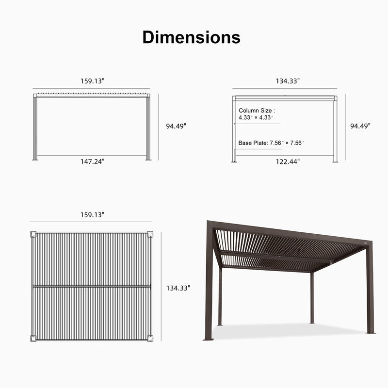 PURPLE LEAF Athena Louvered Pergola Bronze Outdoor Aluminum Pergola with Shutter Wall Adjustable Gazebo Rainproof for Patio Deck Garden
