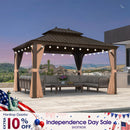 PURPLE LEAF Outdoor Hardtop Gazebo for Garden Bronze Double Roof Aluminum Frame Pavilion with String Lights-milky