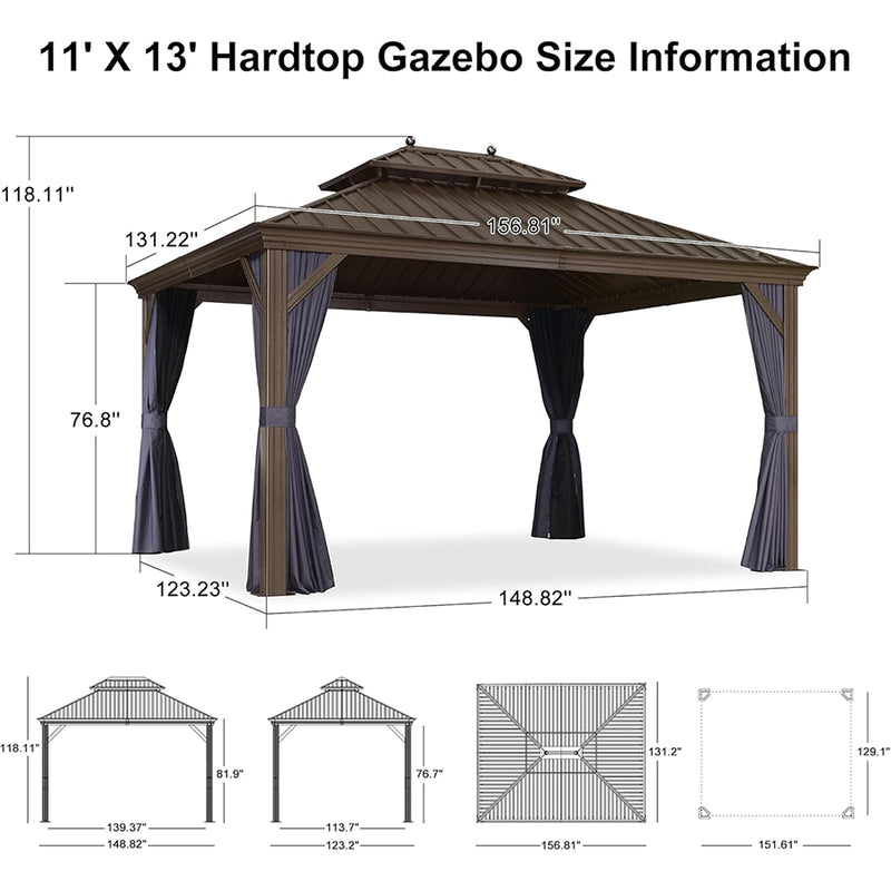 PURPLE LEAF Outdoor Hardtop Gazebo for Patio Bronze Aluminum Frame Pavilion with Navy-Blue Curtain and String Lights