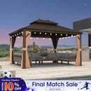 PURPLE LEAF Outdoor Hardtop Gazebo for Garden Bronze Double Roof Aluminum Frame Pavilion with String Lights-milky