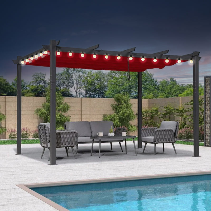 PURPLE LEAF Outdoor Pergola with Retractable Canopy Aluminum Shelter for Beach Porch Garden  Shade Pavilion Pergola  with Lights