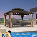 PURPLE LEAF Outdoor Hardtop Gazebo for Garden Bronze Double Roof Aluminum Frame Pavilion with String Lights-milky