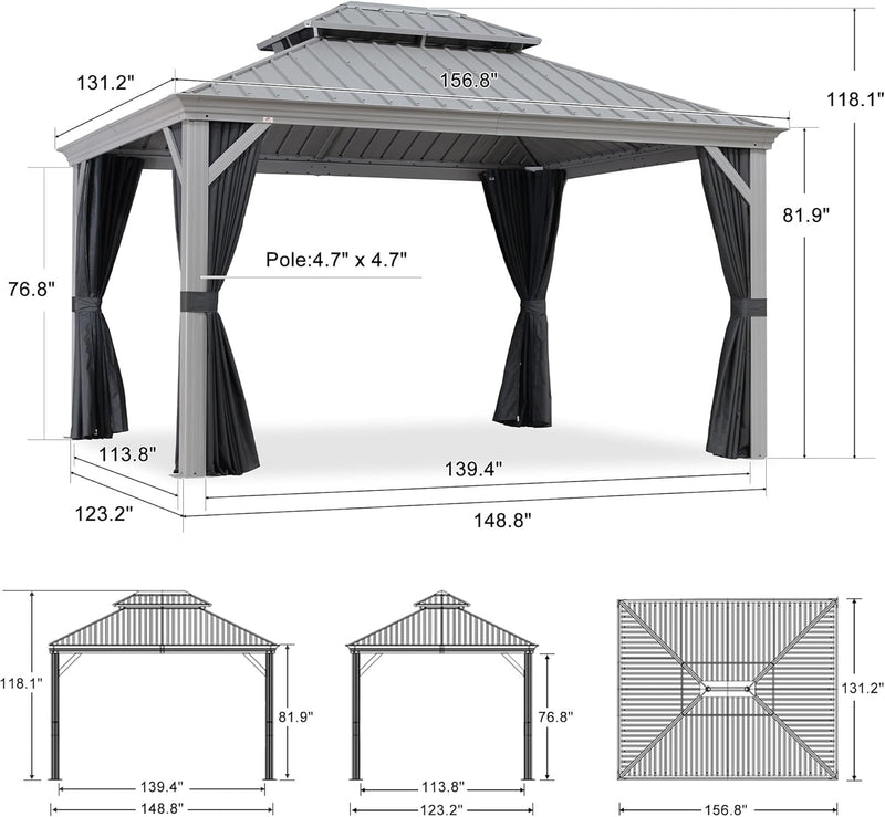 PURPLE LEAF Patio Gazebo for Pool Light Grey Hardtop Galvanized Steel Roof with Upgraded Curtains