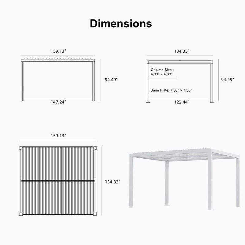 PURPLE LEAF Athena Louvered Pergola white Outdoor Aluminum Pergola with Shutter Wall Adjustable Gazebo Rainproof for Patio Deck Garden