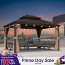 PURPLE LEAF Outdoor Hardtop Gazebo for Garden Bronze Double Roof Aluminum Frame Pavilion with String Lights-clear