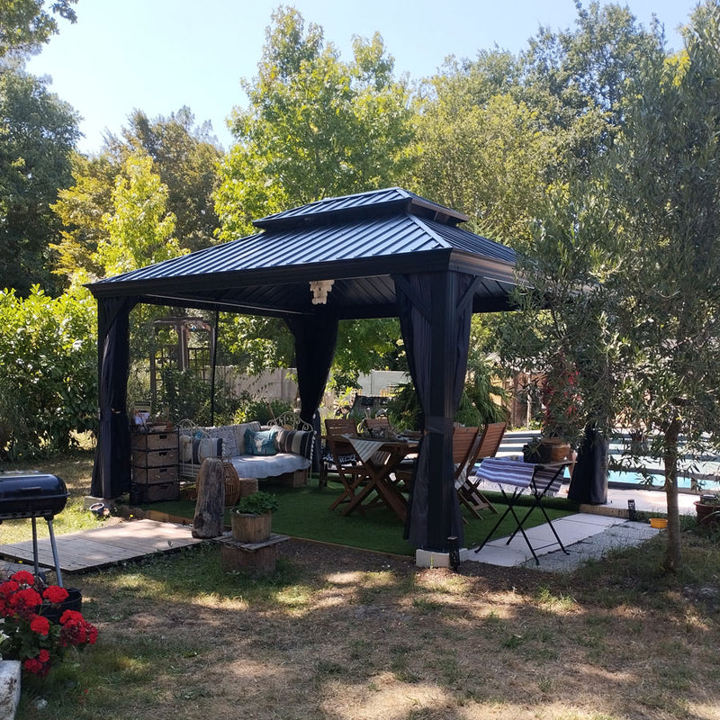 PURPLE LEAF Patio Gazebo for Backyard Grey Hardtop Galvanized Steel Roof Awning with Upgrade Curtain