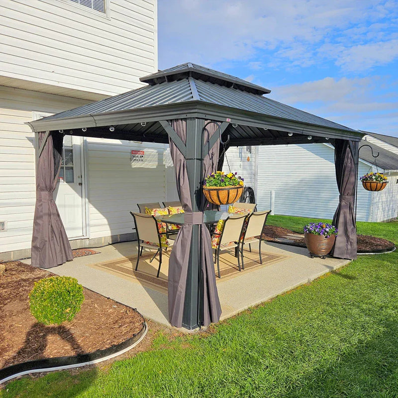 PURPLE LEAF Patio Gazebo for Backyard Grey Hardtop Galvanized Steel Roof Awning String Lights-milky