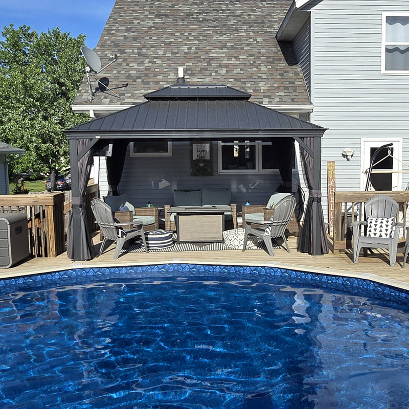 PURPLE LEAF Patio Gazebo for Backyard Grey Hardtop Galvanized Steel Roof Awning with String Lights-clear