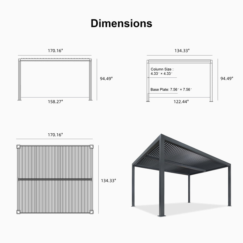 PURPLE LEAF Athena Louvered Pergola Grey Outdoor Aluminum Pergola with Roller Blind Adjustable Gazebo for Patio Deck Garden