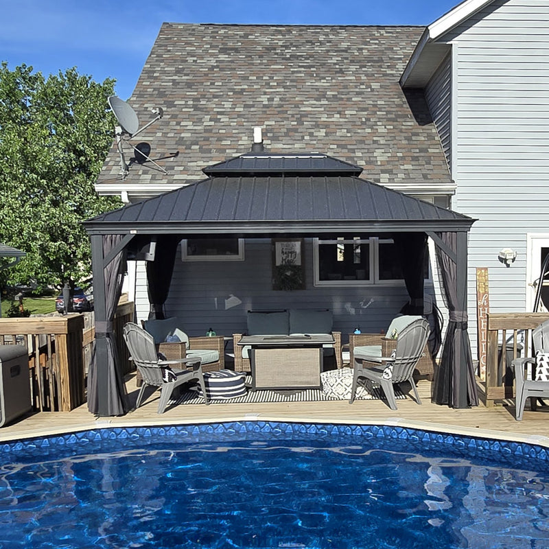 PURPLE LEAF Patio Gazebo for Backyard Grey Hardtop Galvanized Steel Roof Awning with Upgrade Curtain