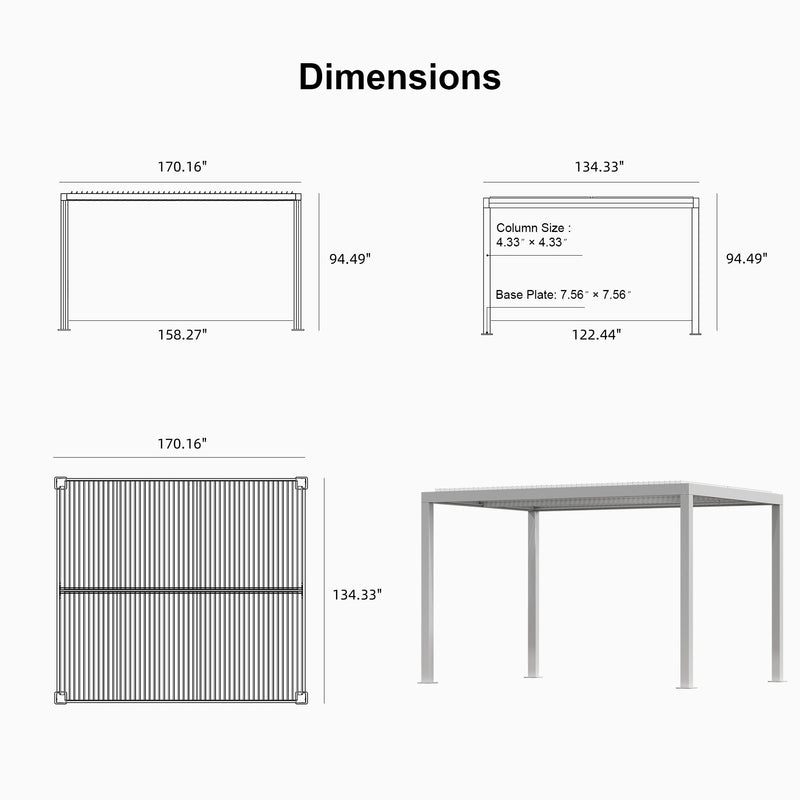 PURPLE LEAF Athena Louvered Pergola White Outdoor Aluminum Pergola with Roller Blind Adjustable Gazebo for Patio Deck Garden