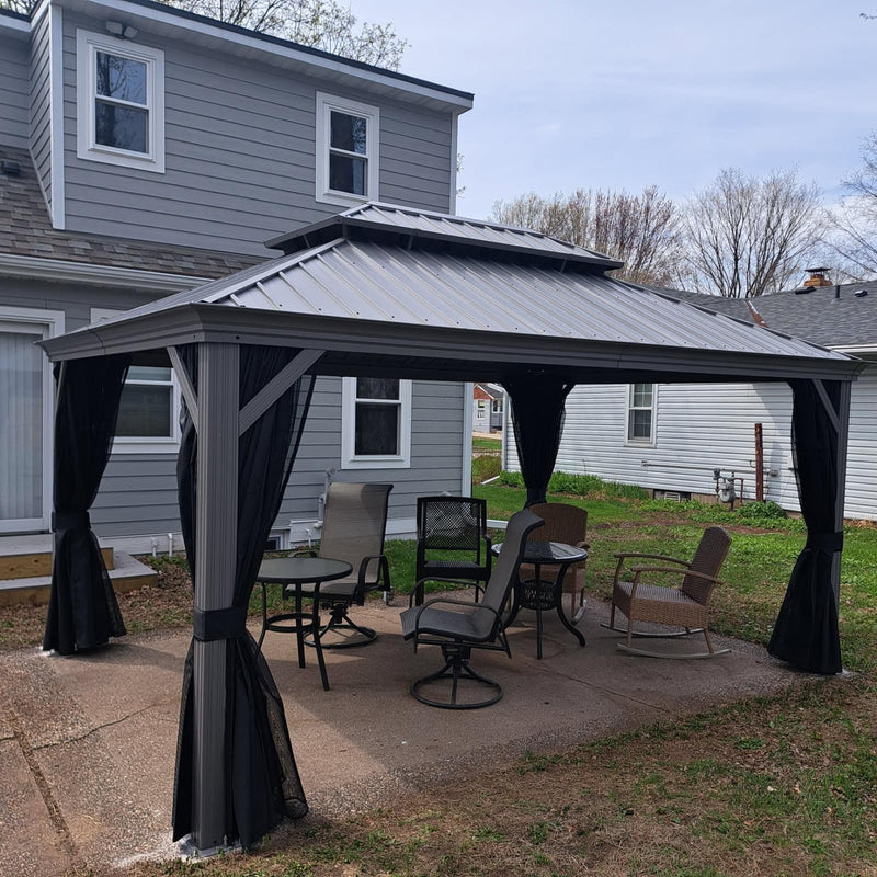 PURPLE LEAF Patio Gazebo for Pool Light Grey Hardtop Galvanized Steel Roof with String Lights-milky