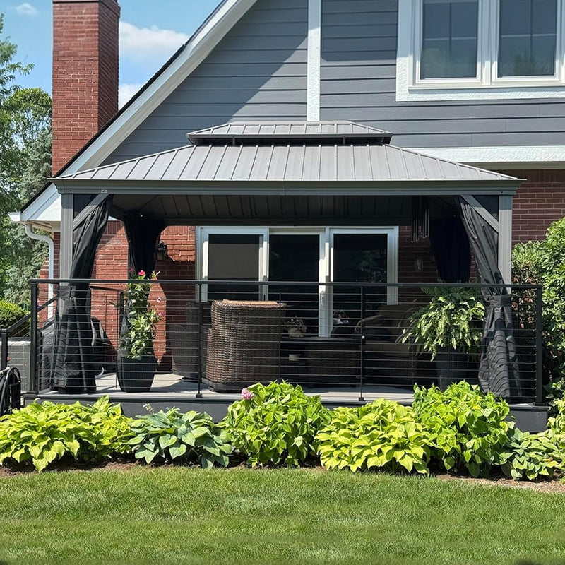 PURPLE LEAF Patio Gazebo for Pool Light Grey Hardtop Galvanized Steel Roof with Upgraded Curtains