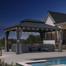 PURPLE LEAF Patio Gazebo for Backyard Grey Hardtop Galvanized Steel Roof Awning with String Lights-clear